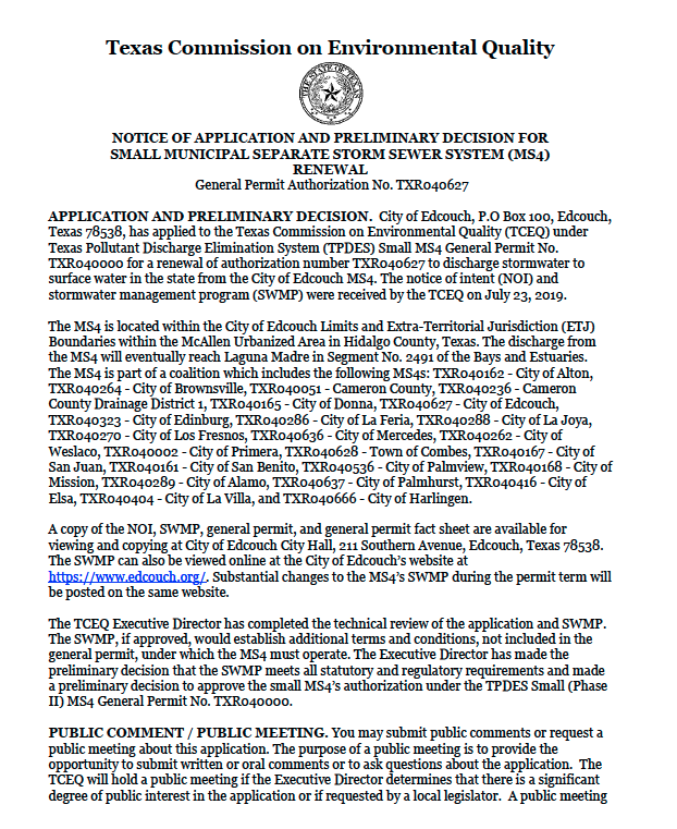 Thumbnail for Notice of Application and Preliminary Decision for Small Municipal Separate Storm Sewer System (MS4) New General Permit Authorization No. TXR040672